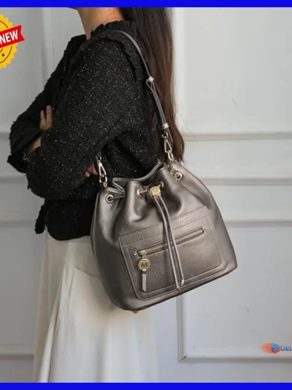 Large Vegan Leather Crossbody Bucket Bag with Drawstring & Wristlet Wallet